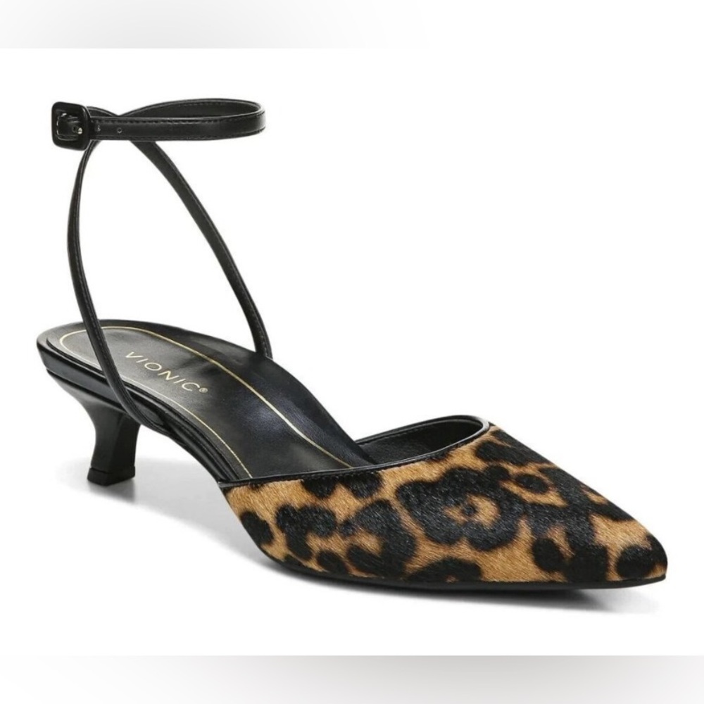 Vionic Jacynda Leopard Calf Hair Pointed Toe Kitten Heel